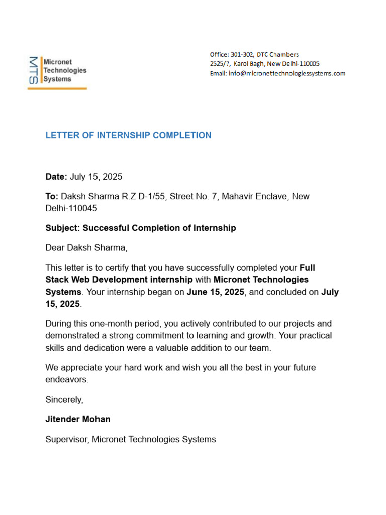 Internship Completion Certificate - Full Stack Developer | PDF