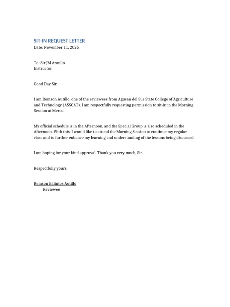 Sit-In Request Letter for Class | PDF