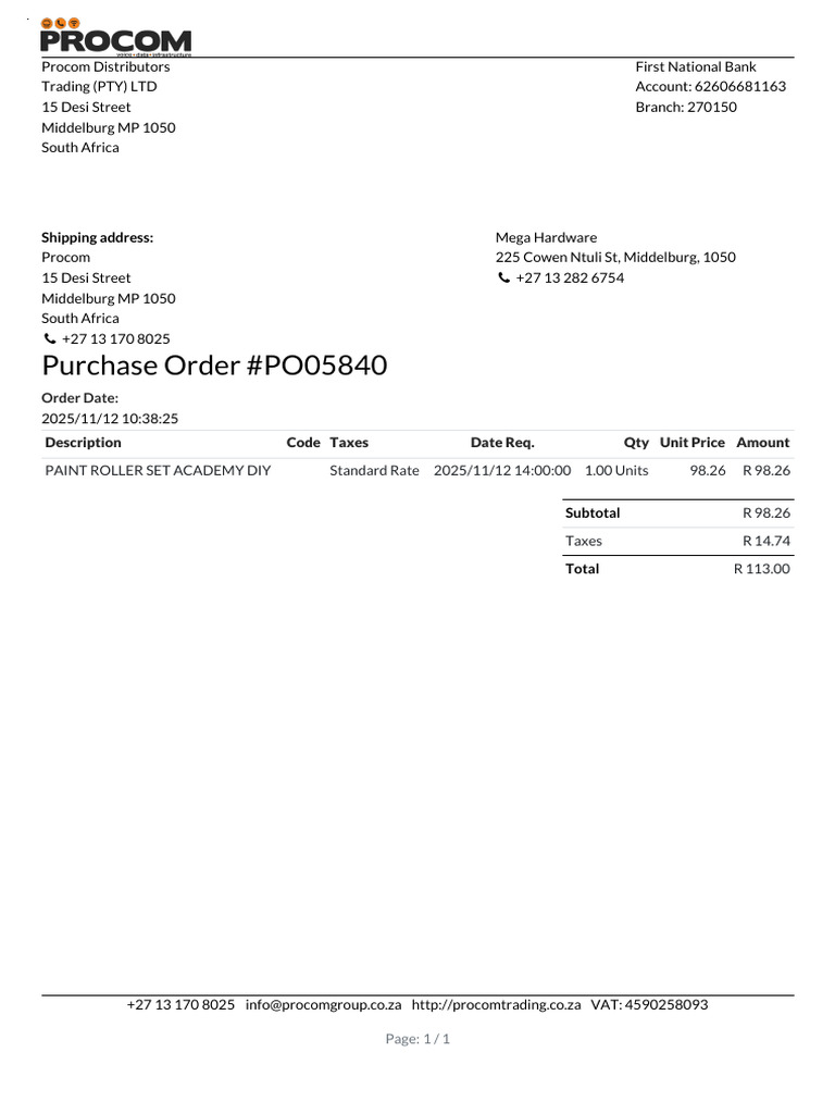 Purchase Order for Paint Roller Set | PDF