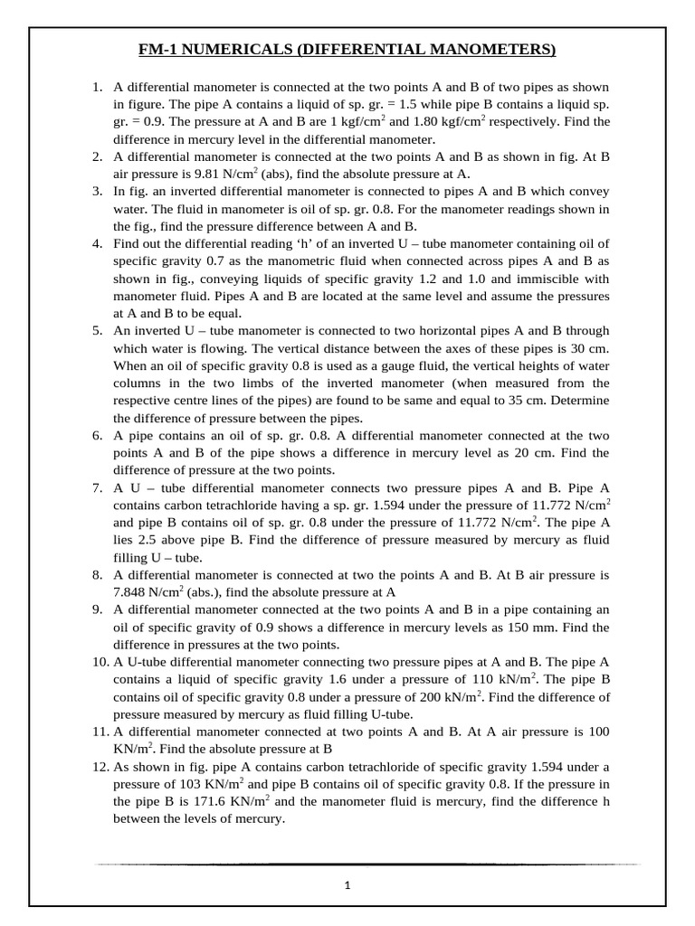 Differential Manometer Numerical Problems | PDF | Pressure Measurement ...