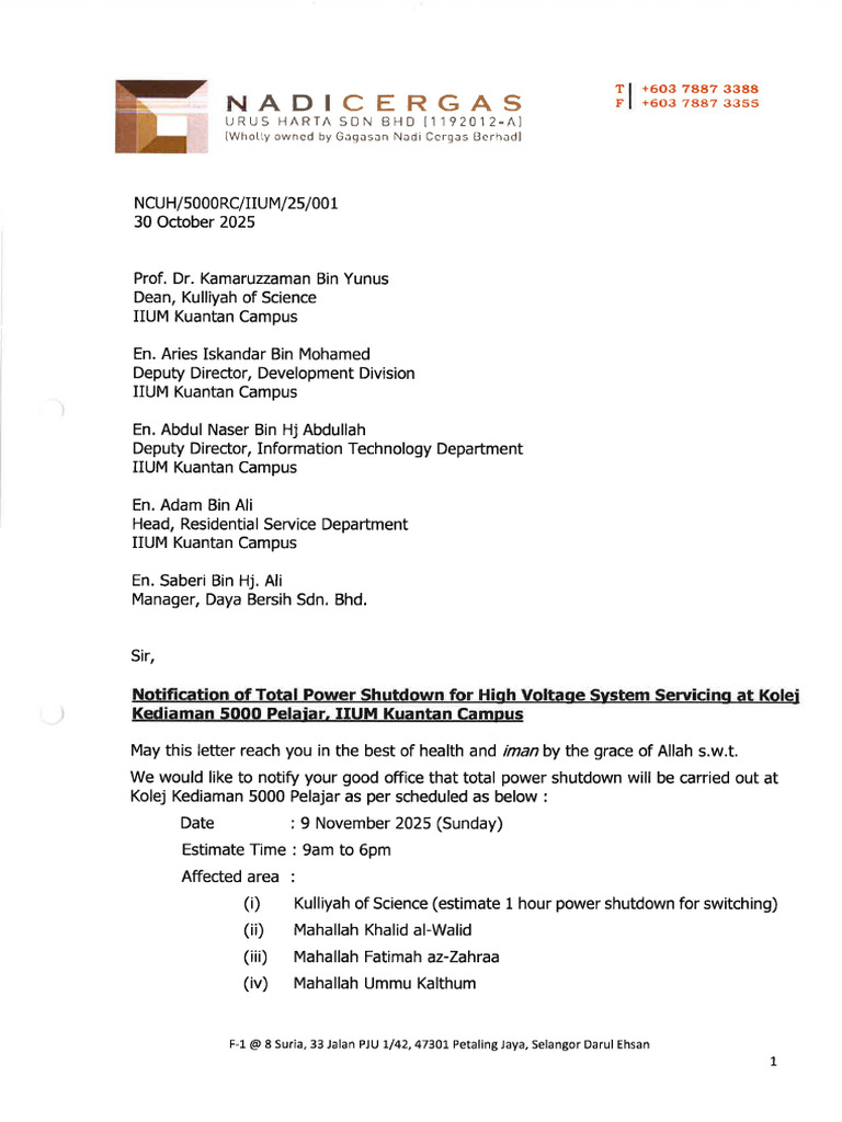 Notification of Total Power Shutdown For High Voltage System Servicing ...