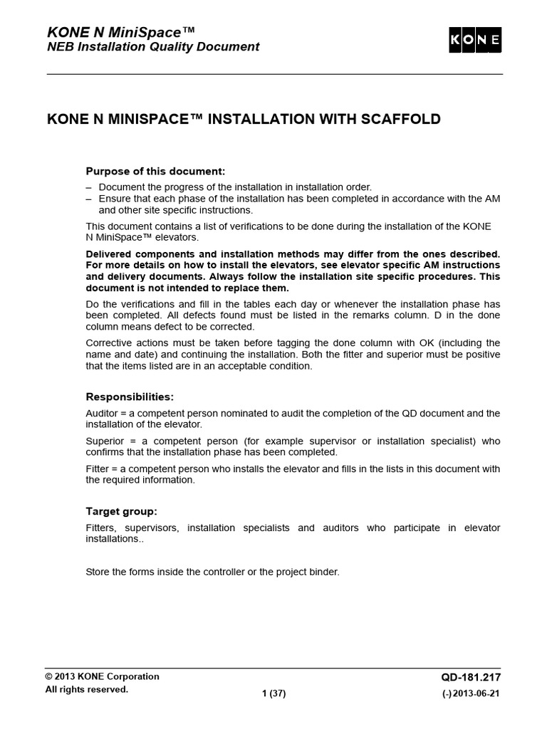 KONE N MiniSpace™ Installation Guide | PDF | Elevator | Manufactured Goods