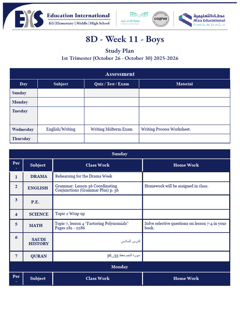 8D Week 11 Study Plan 2025-2026 | PDF
