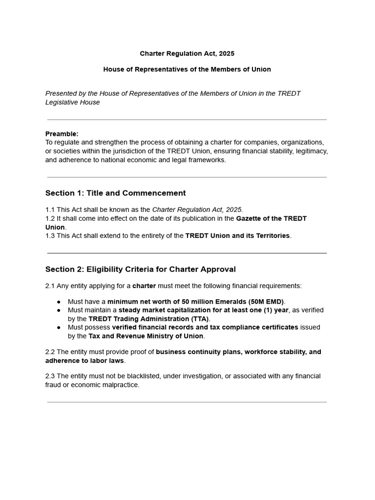 Charter Regulation Act 2025 Overview | PDF | Governance | Government