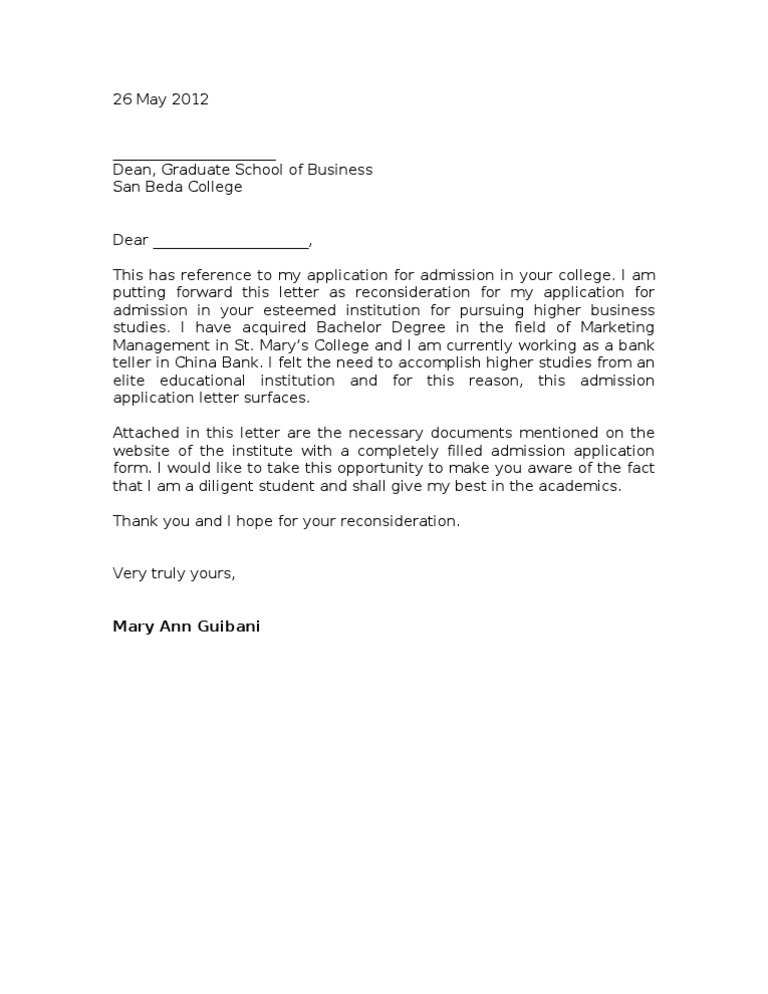Sample Reconsideration Letter PDF Higher Education Educational Stages