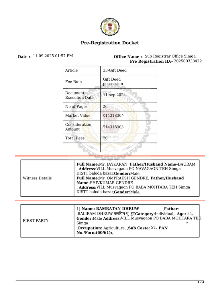 Pre-Registration Docket for Gift Deed | PDF