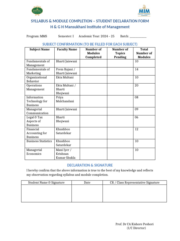 Syllabus Completion Declaration Form | PDF