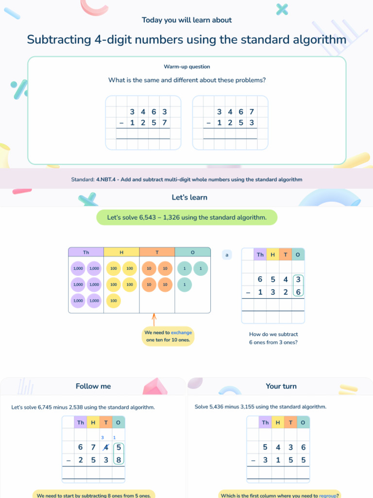 4.NBT.4 - Subtracting 4-Digit Numbers Using The Standard Algorithm | PDF