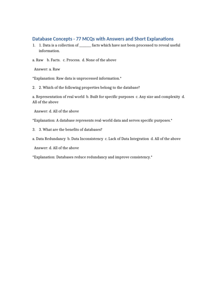 Database Concepts 77 MCQs Short Explanations | PDF