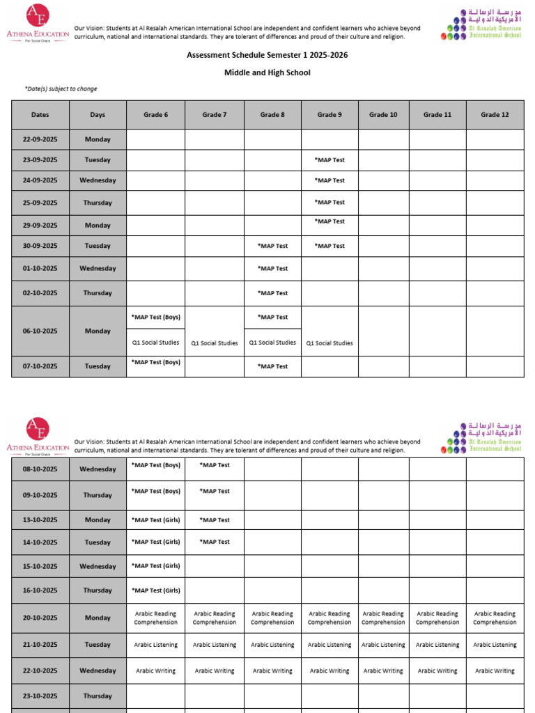 Al Resalah School Assessment Schedule 2025 | PDF
