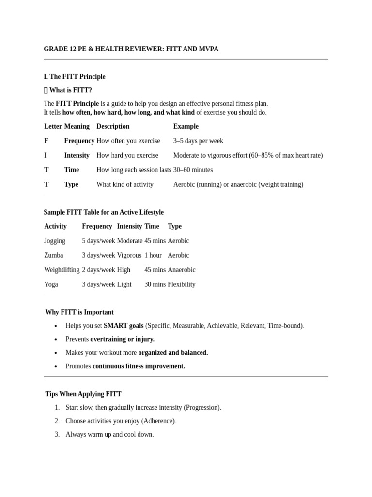 Grade 12 PE Health: FITT & MVPA Guide | PDF | Physical Fitness ...