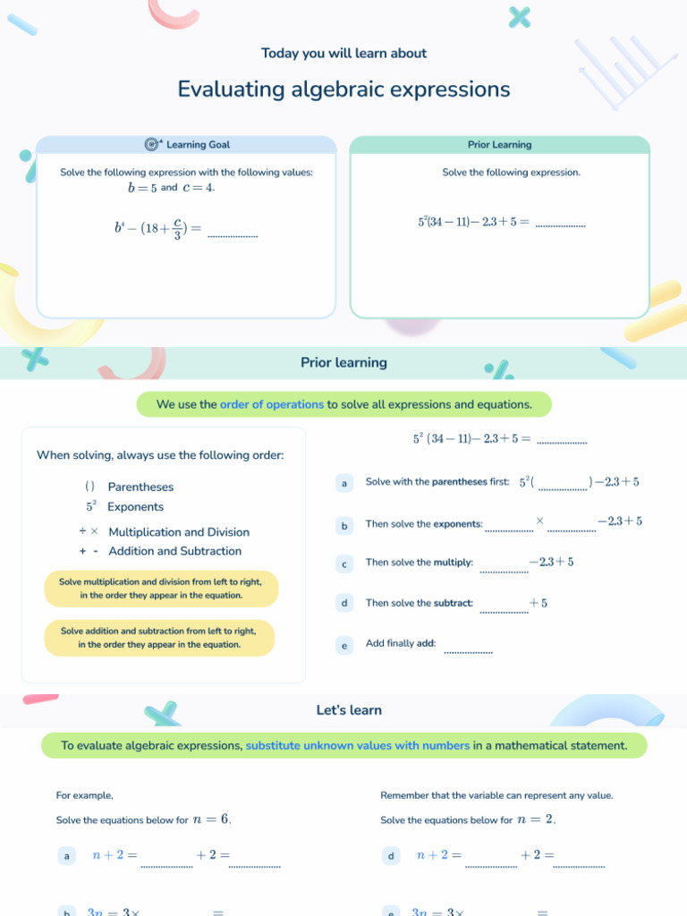 Evaluating Algebraic Expressions | PDF