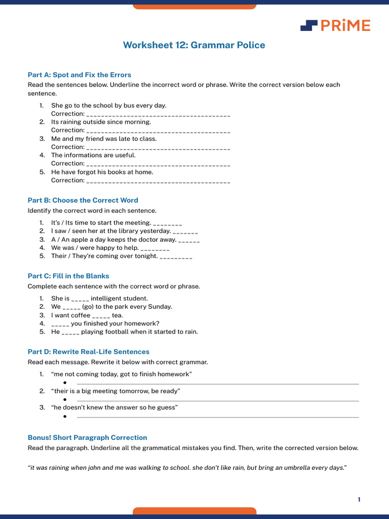 Grammar Correction Worksheet | PDF | Phrase | Language Mechanics