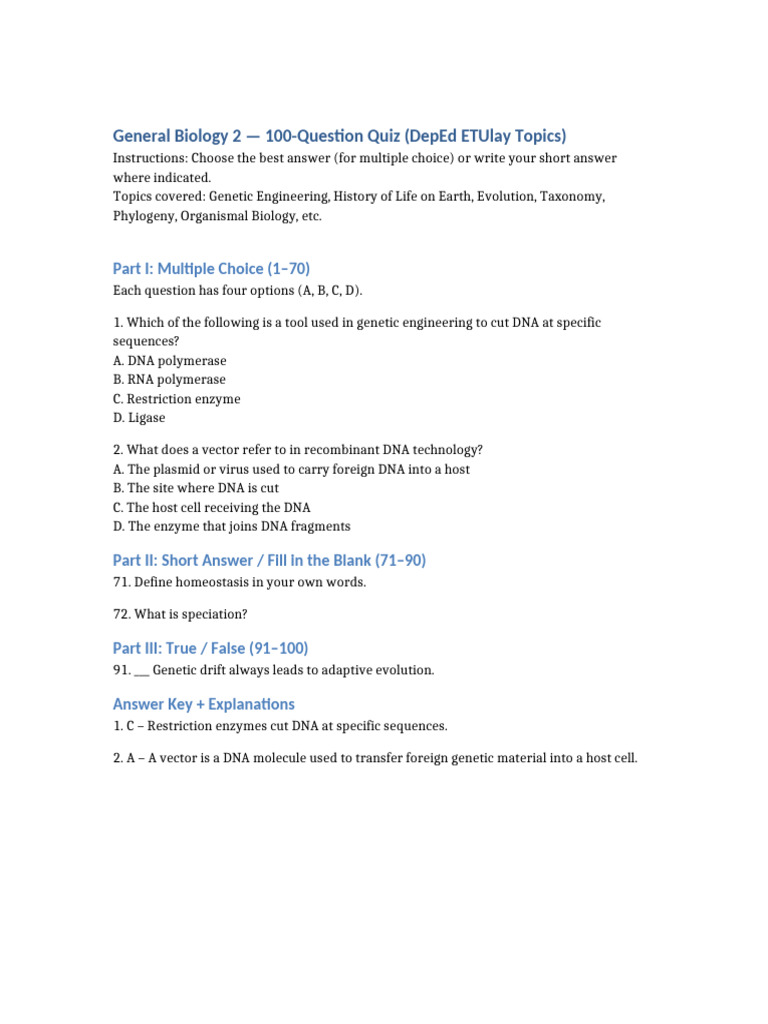 General Biology 2 Quiz | PDF