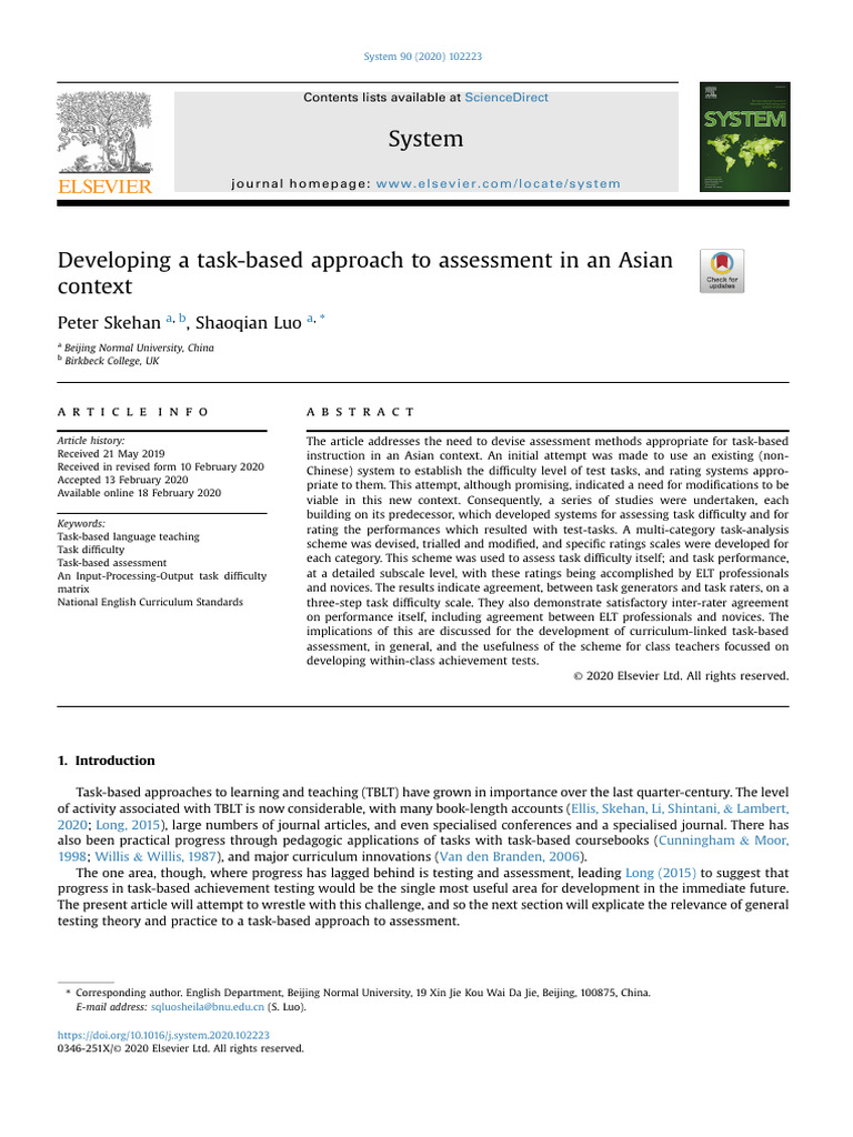 Developing A Task Based Approach To Assessment in An Asian Contex ...