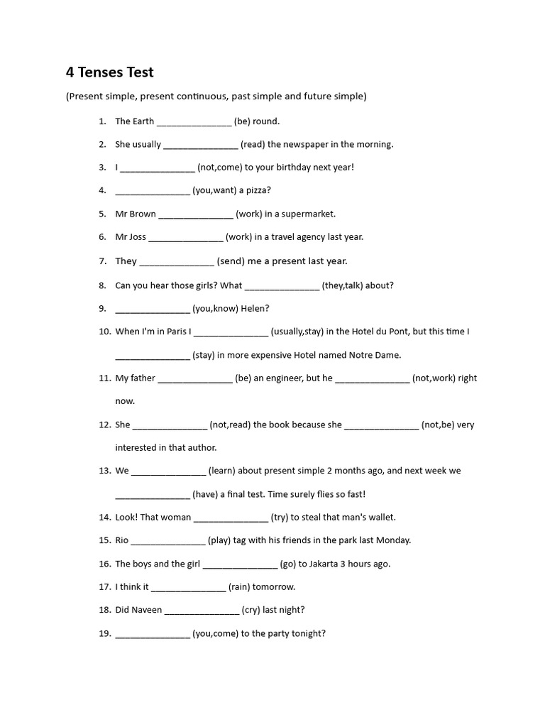 4 Tenses English Test: Simple & Continuous | PDF