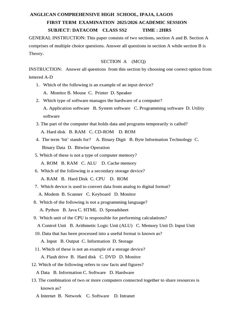SS2 Datacom First Term Exam 2025/2026 | PDF | Databases | Computer Data ...