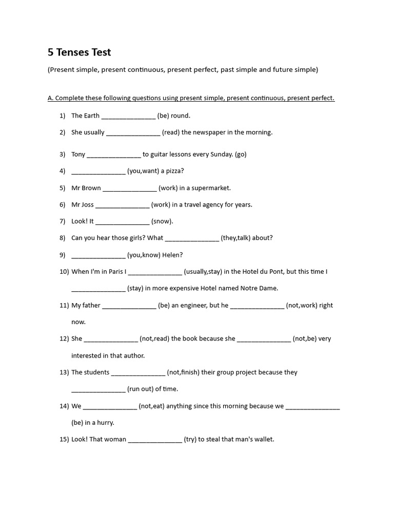 5 Tenses Test | PDF