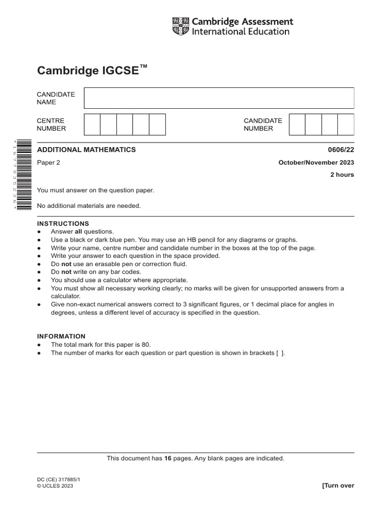 Cambridge IGCSE: Additional Mathematics 0606/22 | PDF | Trigonometric ...