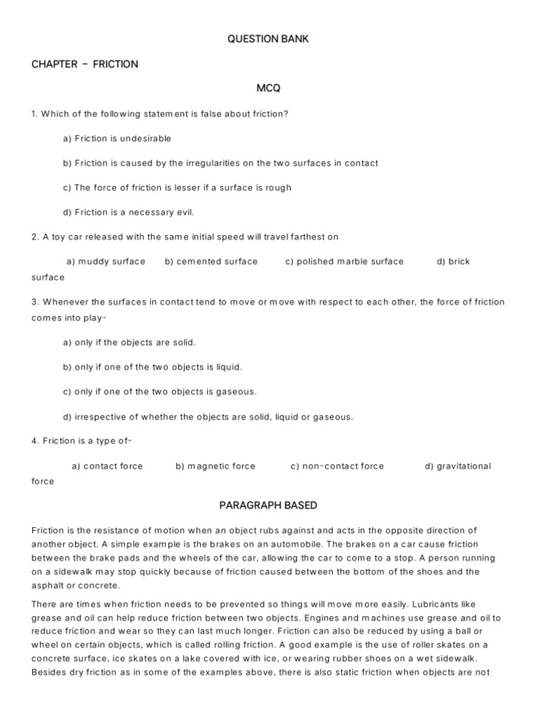 Friction: MCQs and Explanations | PDF | Materials Science | Geometric ...