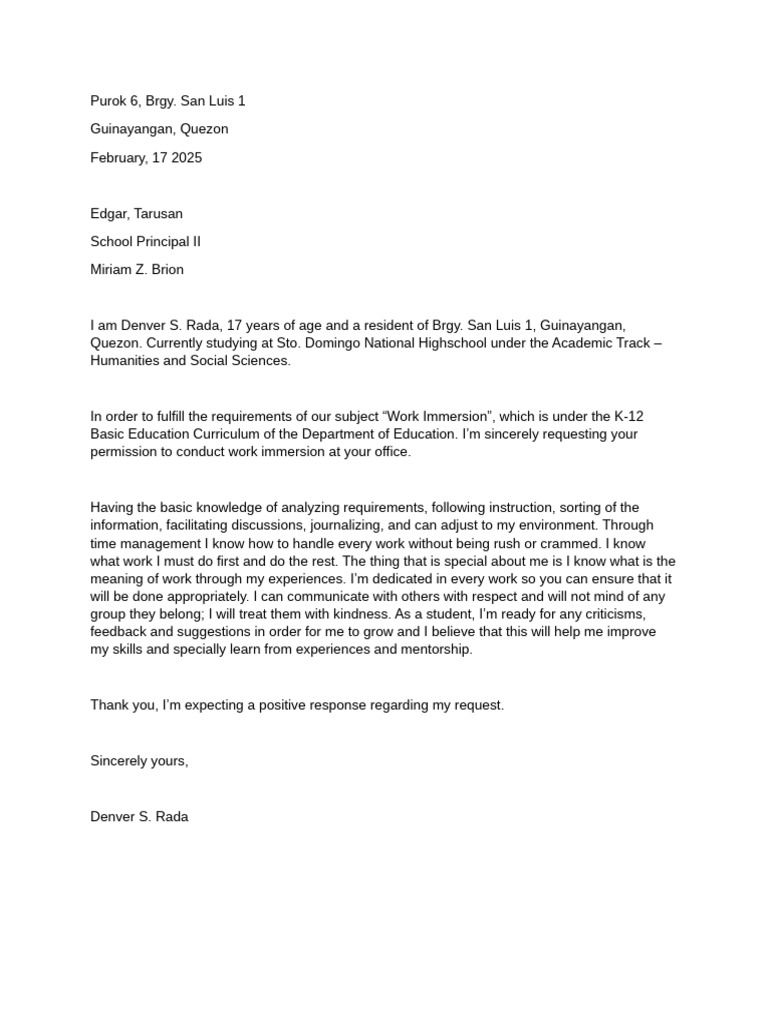 Work Immersion Request Letter | PDF