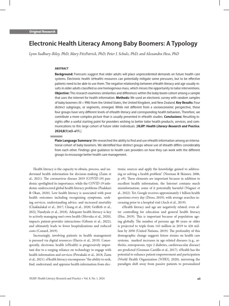 eHealth Literacy Typology in Baby Boomers | PDF | Baby Boomers | Literacy