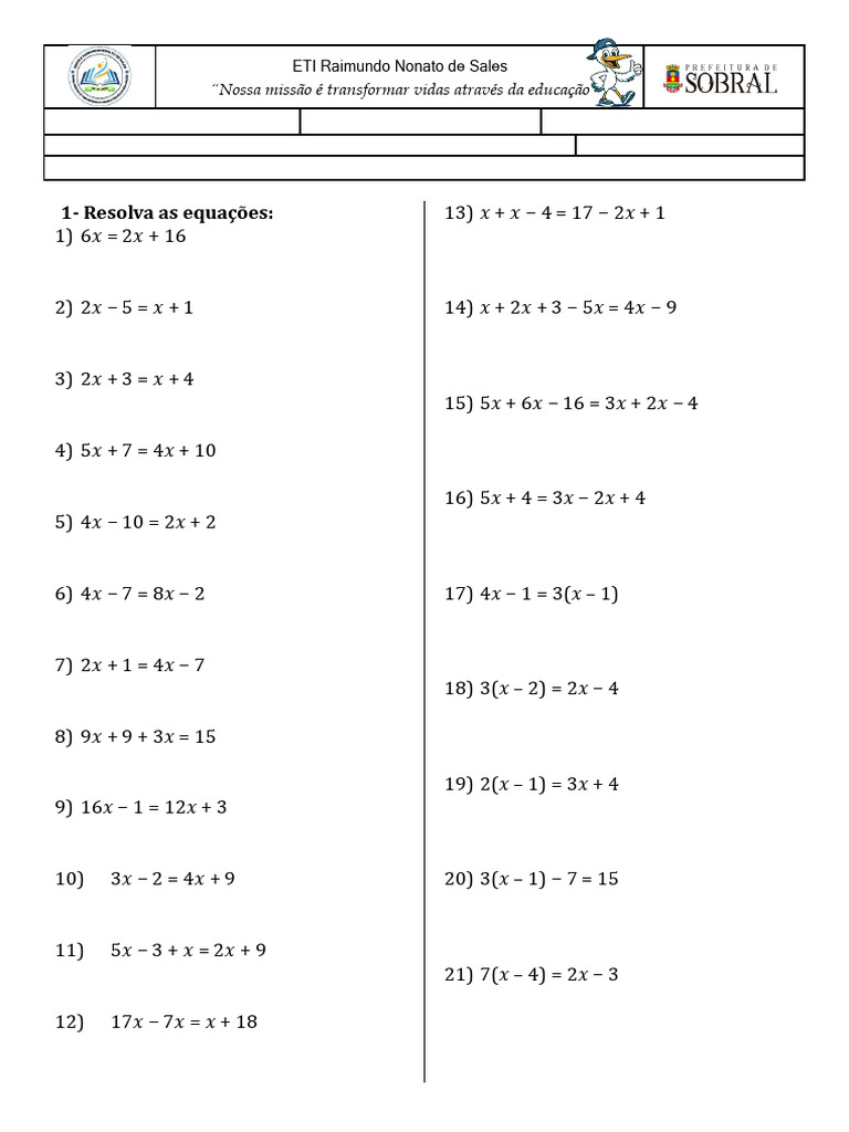 Equações do 1º Grau: Exercícios Resolvidos | PDF