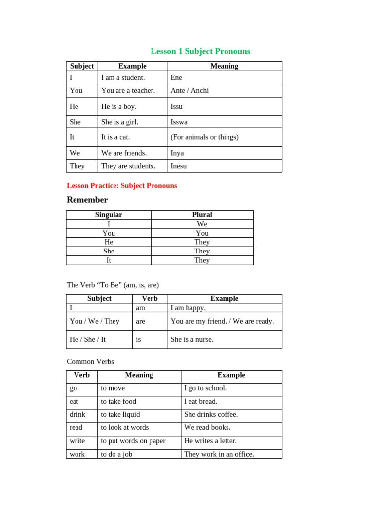 Subject Pronouns and Nouns Guide | PDF | Perfect (Grammar) | Plural
