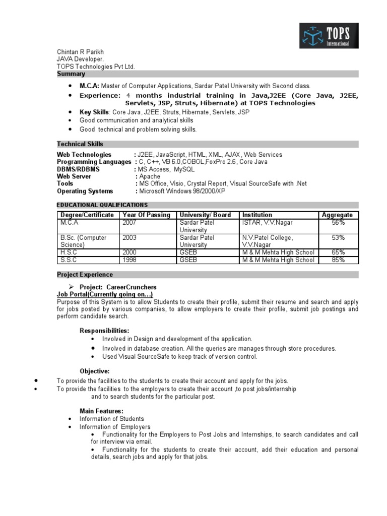 Sample Resume Java Java Server Pages Java Programming Language