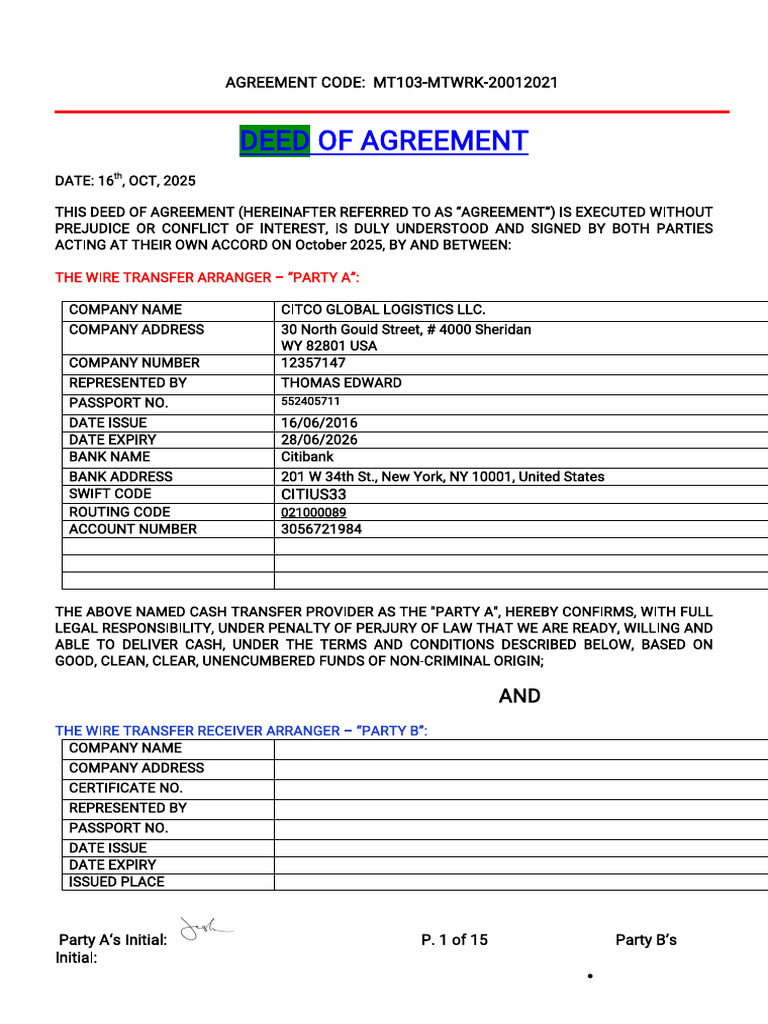 Citi Bank DOA For Audit Sending 2 | PDF | Arbitration | Wire Transfer