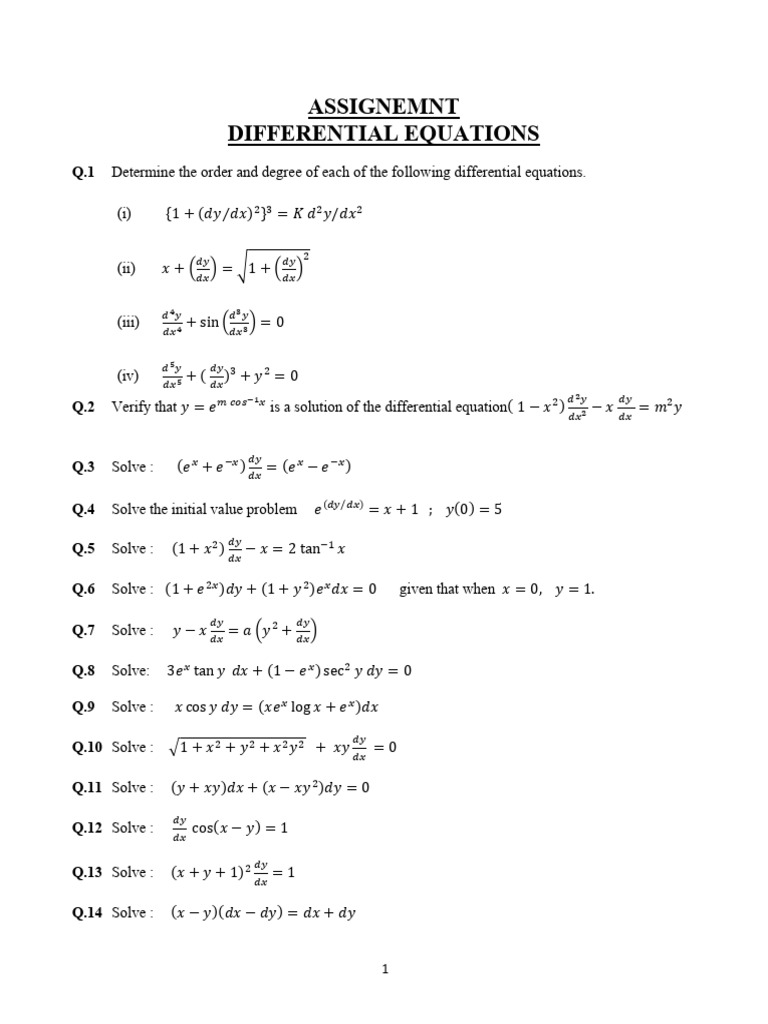Differential Equations Assignment Solutions | PDF | Algebra ...