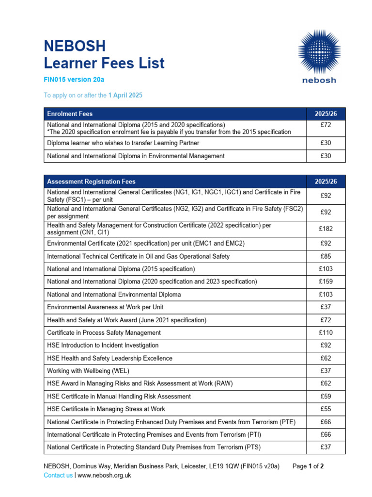NEBOSH Fees Overview 2025/26 | PDF | Safety | Occupational Safety And ...