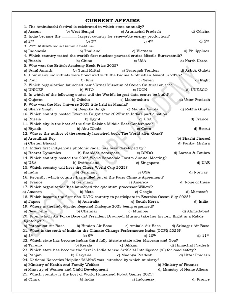 Current Affairs Quiz 2025 | PDF