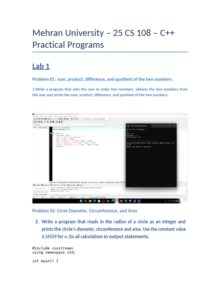 C++ Practical Programs for Beginners | PDF | Namespace | Pi