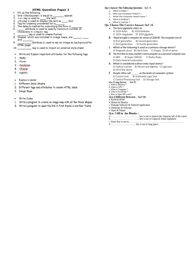 HTML Question Paper and Answers Guide | PDF | Computer Data Storage ...