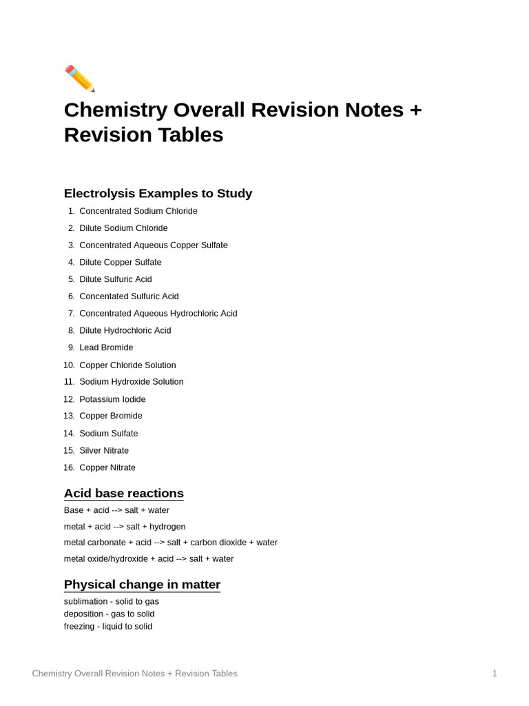 Chemistry Overall Revision Notes + Revision Tables | PDF | Combustion ...