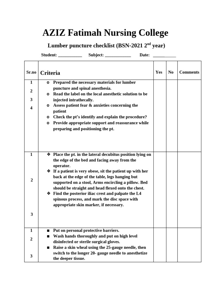 Lumber Puncture Checklist for Nursing | PDF