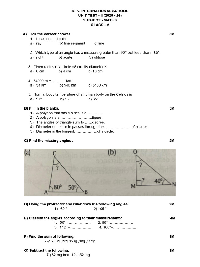 Class V Maths Unit Test II 2025-26 | PDF | Circle | Angle