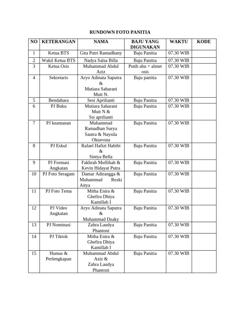 Rundown Foto Panitia Acara 2023 | PDF