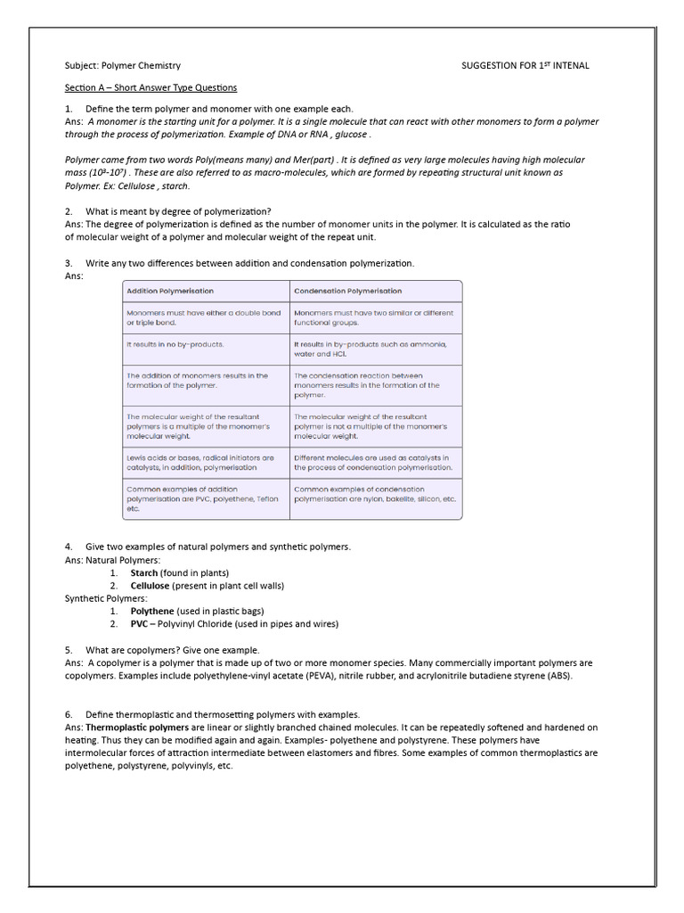 Polymer Chemistry: Key Concepts Explained | PDF | Polymers | Polymerization