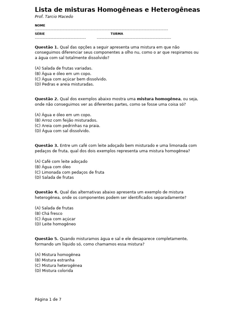 Misturas Homogêneas e Heterogêneas: Exemplos e Questões | PDF | Mistura ...