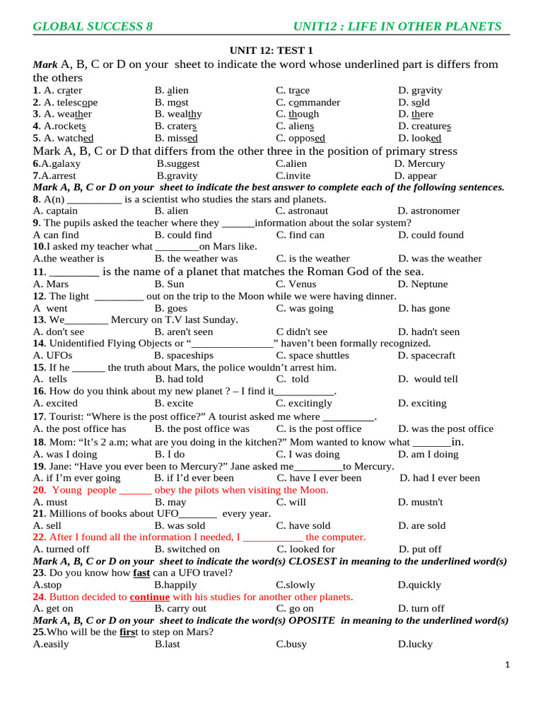 Unit 12- Practice Test | PDF | Unidentified Flying Object | Planets