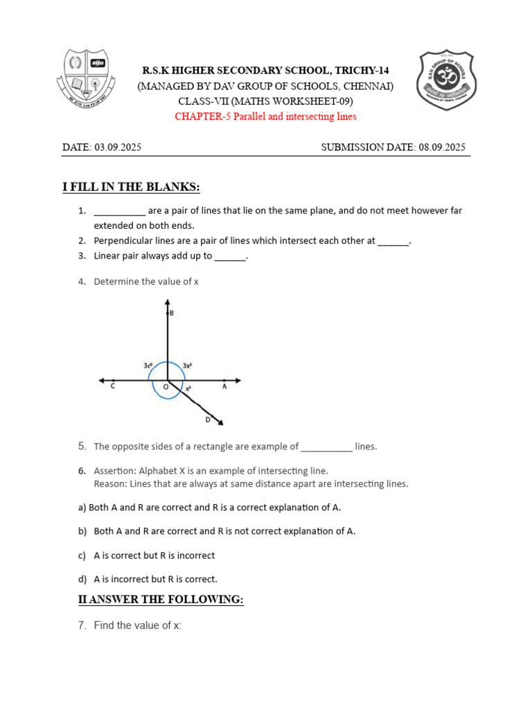 Class VII Maths: Parallel & Intersecting Lines Worksheet | PDF