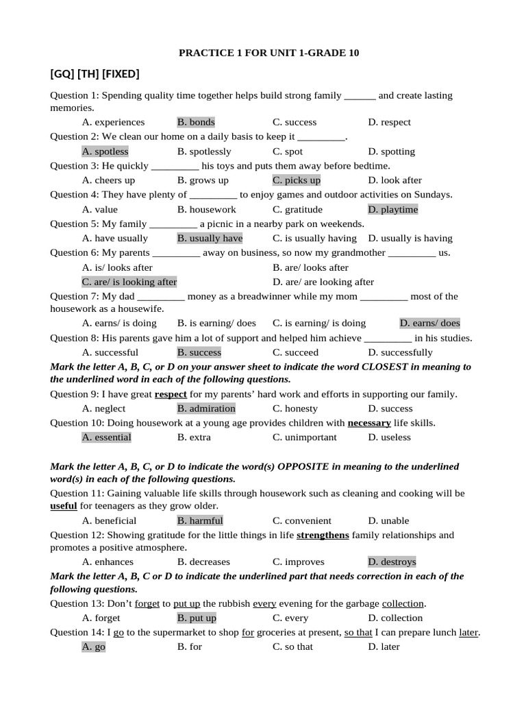 Grade 10 Unit 1 Practice Questions | PDF