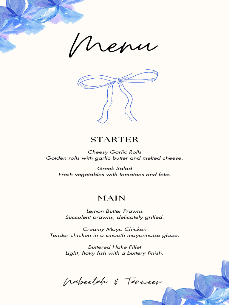 Black and Grey Ribbon Illustrative Wedding Menu | PDF