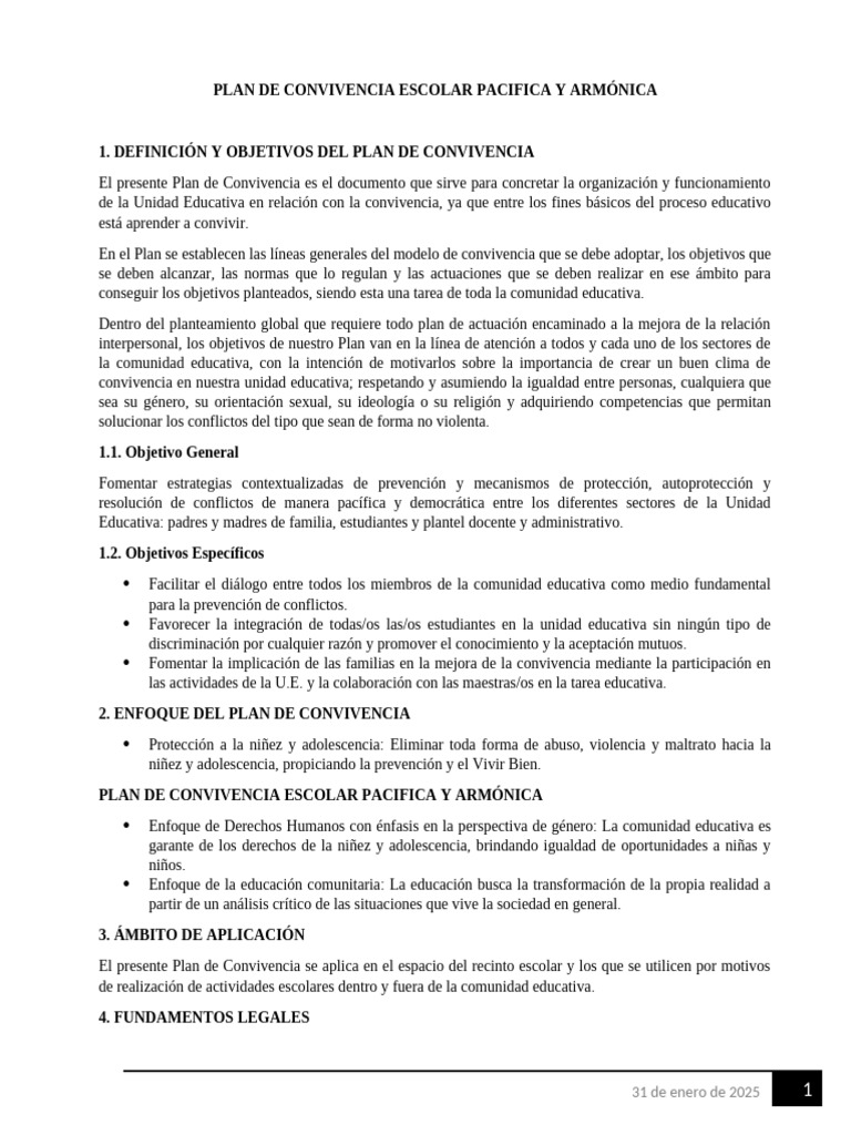 Plan de Convivencia Escolar Pacífica | PDF | Violencia | Discriminación