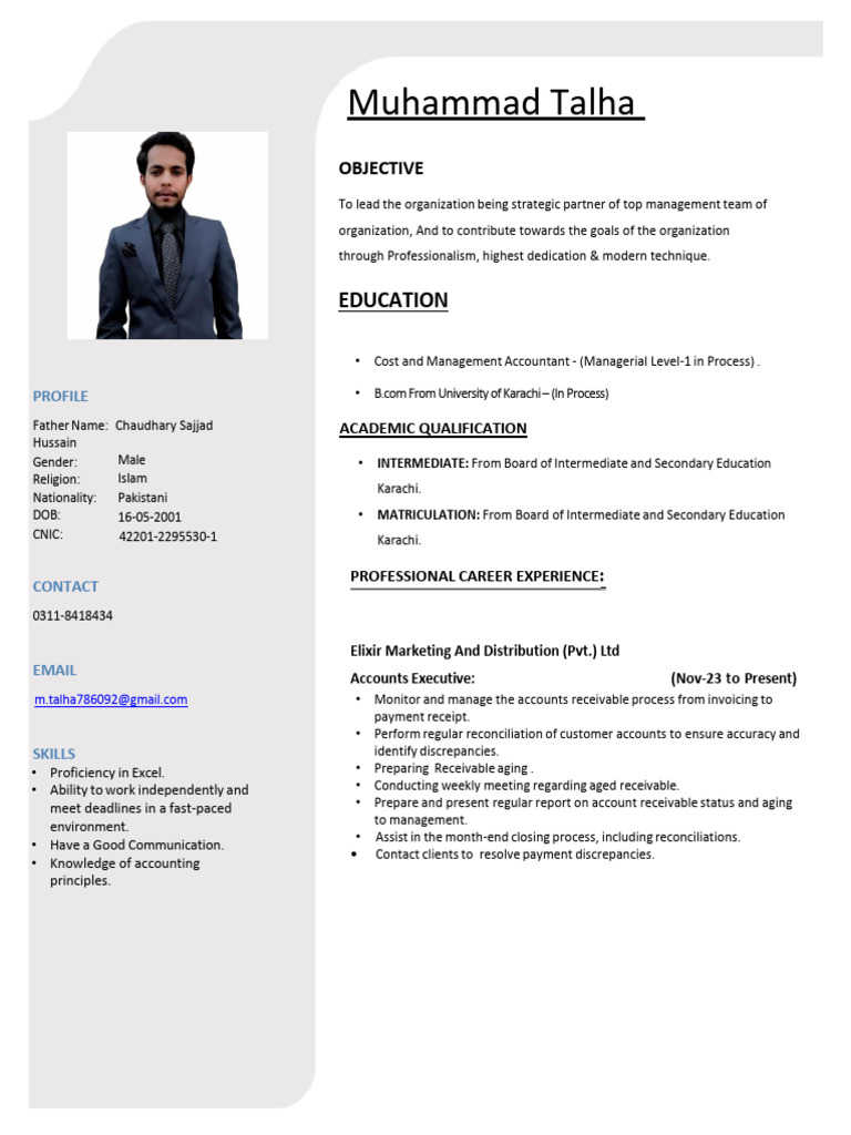 Muhammad Talha: Accounts Executive CV | PDF | Business | Economies