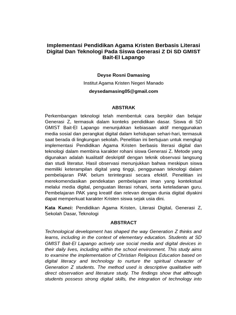 Implementasi Pendidikan Agama Kristen Berbasis Literasi Digital Dan ...