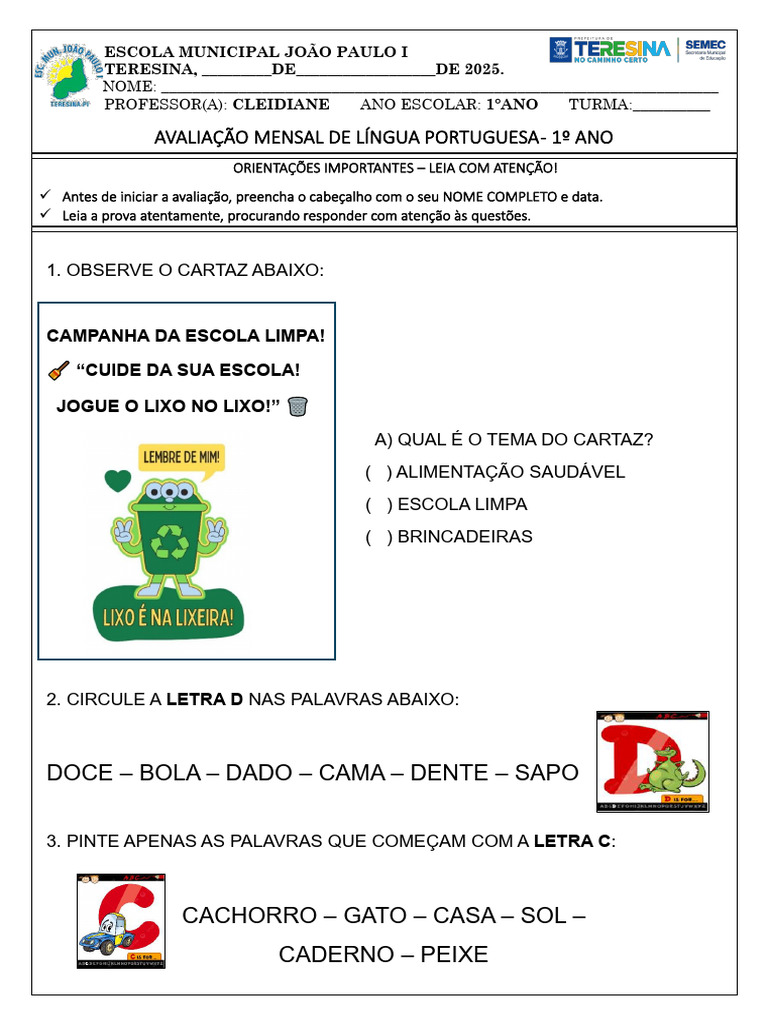 Avaliação de Língua Portuguesa - 1º Ano | PDF