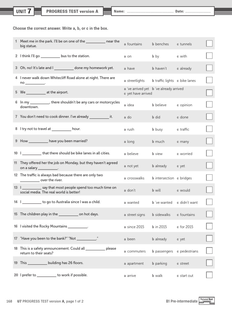 B1 Pre-Intermediate Progress Test A | PDF | Traffic | Desserts